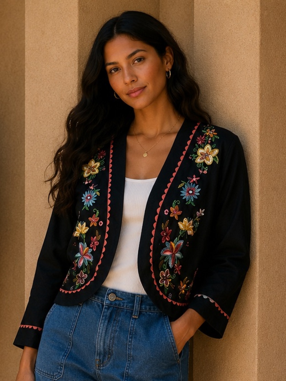 Peter Martin Black Embroidered Cropped Jacket Floral Detail Size 4